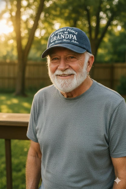 Custom Grandpa/Grandma Hat My Favorite People Call Me Grandpa/Grandma Embroidered Cap with Kids Names, Washed Cotton Dad Hat