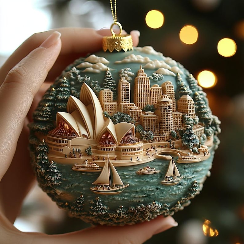 Sydney Skyline 2D FLAT Christmas Ornament, Australia Opera House Cityscape Bauble With Gold Accents