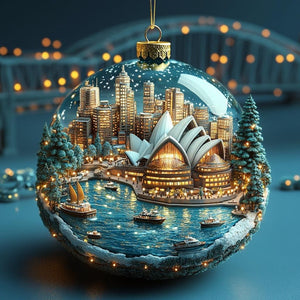 Sydney Skyline 2D FLAT Christmas Ornament, Australia Opera House Cityscape Bauble With Gold Accents