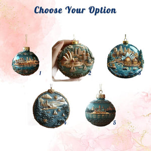 Sydney Skyline 2D FLAT Christmas Ornament, Australia Opera House Cityscape Bauble With Gold Accents