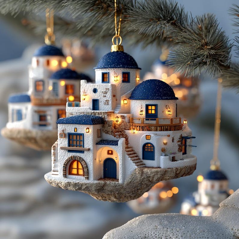 Santorini Village Christmas 2D FLAT Ornament, Greek Island House Decor, Unique Traveling Tree Decoration