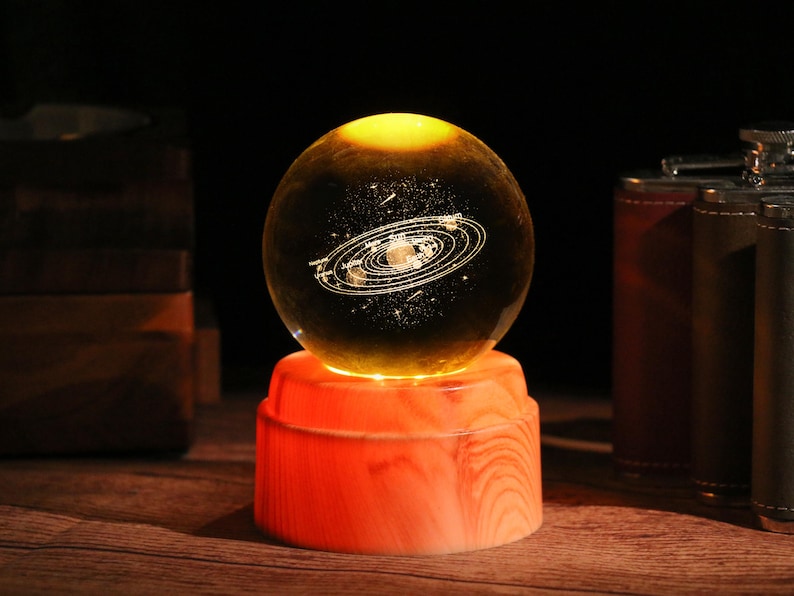 3D Inner Carving Lamp - Crystal Ball Solar System LED Light with Wooden Base, Customized Galaxy Globe, Astronomy Gift for Space Lovers