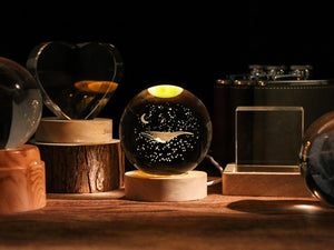 3D Inner Carving Lamp - Crystal Ball Solar System LED Light with Wooden Base, Customized Galaxy Globe, Astronomy Gift for Space Lovers