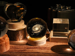 3D Inner Carving Lamp - Crystal Ball Solar System LED Light with Wooden Base, Customized Galaxy Globe, Astronomy Gift for Space Lovers
