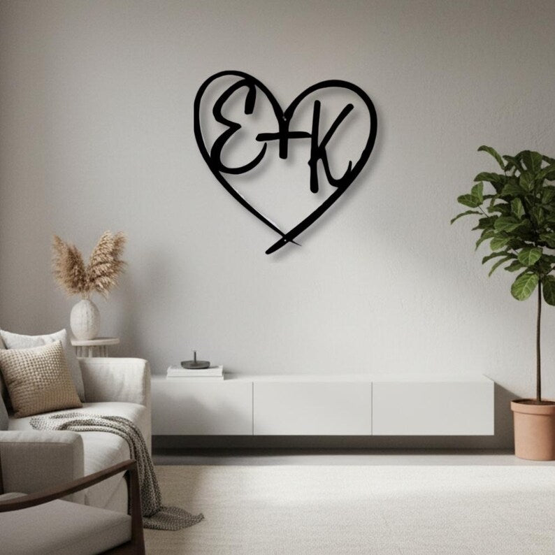 Custom Couple Metal Wall Art, Personalized Heart Sign, Modern Minimalist Name Letter Decor