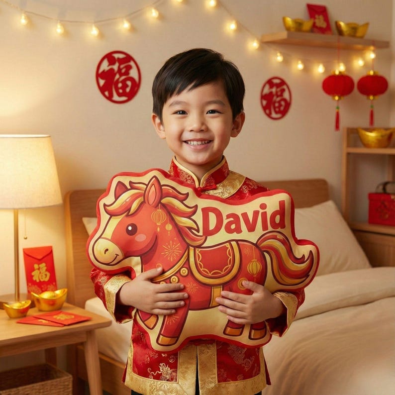 Personalized Horse Pillow Chinese New Year Zodiac Plush Custom Name Lunar Festival Decor Kids Room Gift for Lunar Near Year
