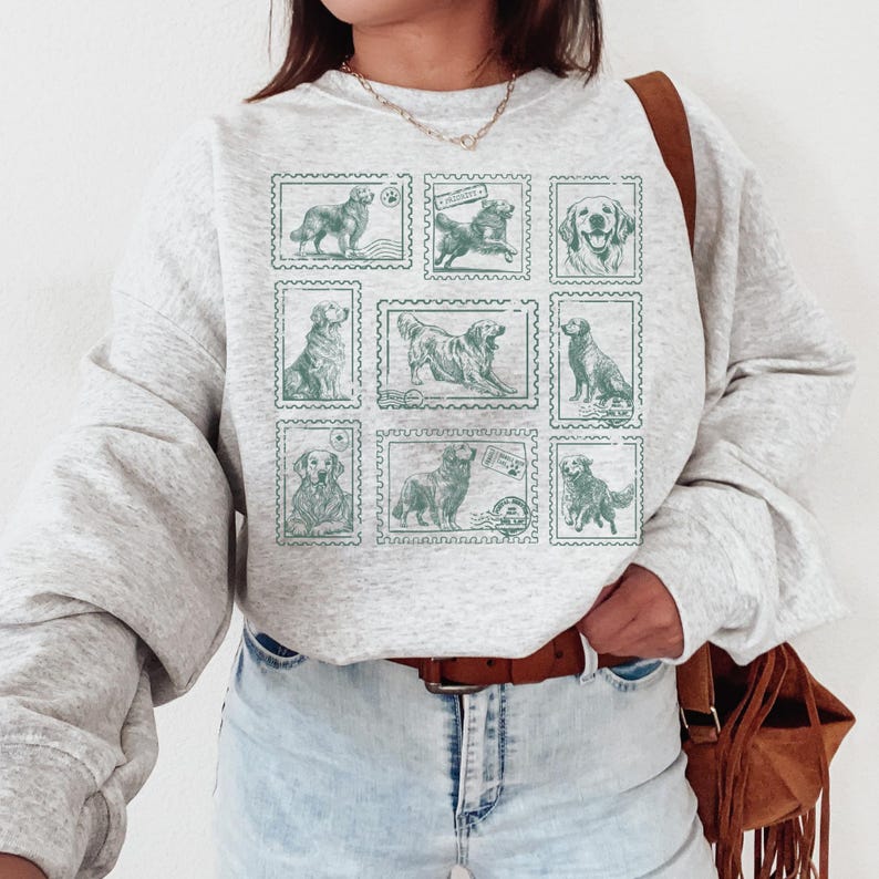Custom Dog Photo Vintage Stamp Sweatshirt, Dog Mom Crewneck Sweater, Retro Golden Dog Shirt, Gift for Dog Lover, New Dog Owner Mama Gift