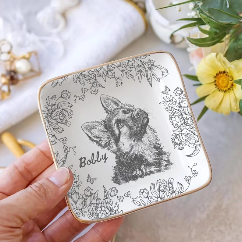 Custom Pet Jewelry Dish, Pet Memorial Jewelry Dish, Custom Dog Cat Portrait Ring Dish, Toile De Jouy Pet Ring Dish, Gift For Pet Owner