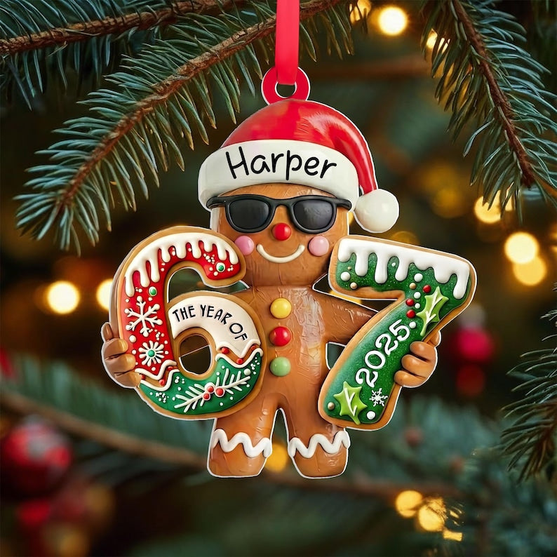 67 Christmas Ornament, Personalized Gingerbread 67 Ornament, Six Seven Ornament, Teacher Student Gift, Gen Alpha Humor, Funny Ornament
