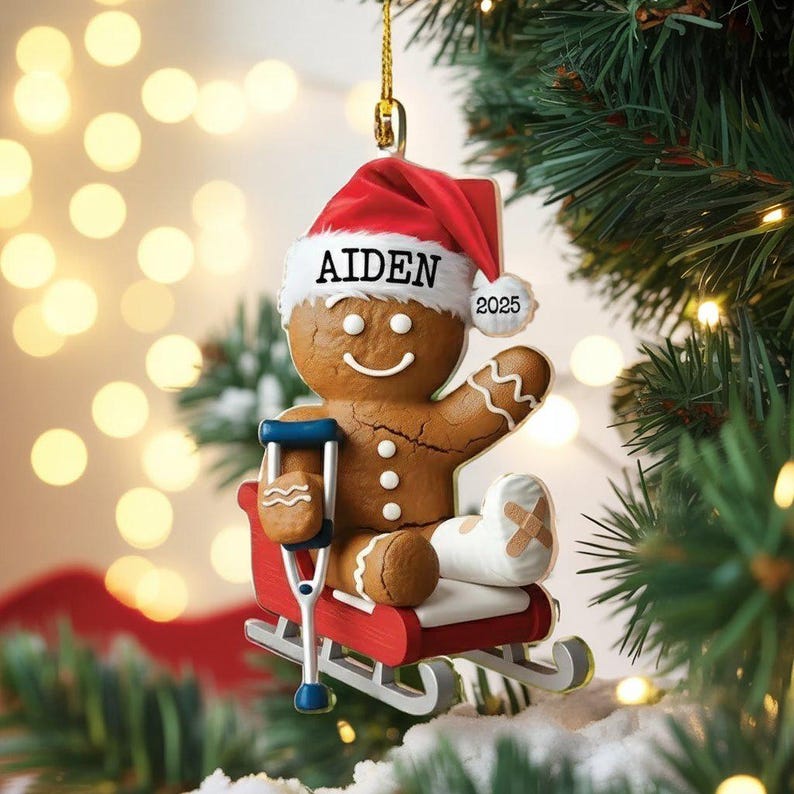 Personalized Injured Gingerbread Acrylic Ornament, Custom Broken Leg Christmas Tree Ornament, Flat 2D Ornament Decor Gift, Xmas Gifts