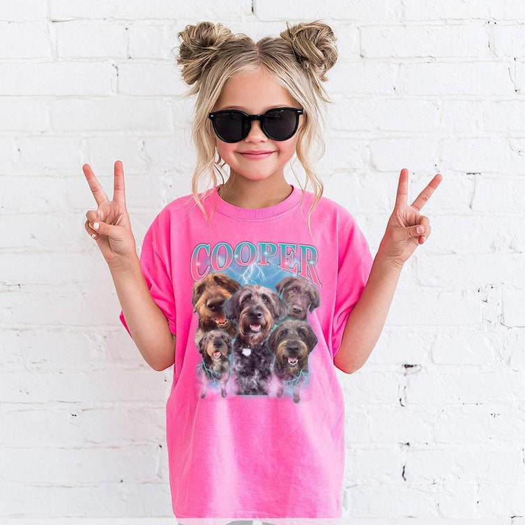 Custom Pet Photo Shirt for Kids, Comfort Colors Youth Tee, Personalized Dog Collage Shirt, Retro Bootleg Pet Shirt, Custom Name Tee