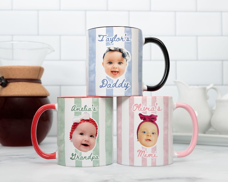 Personalized Baby Face Photo Mug: Stripe Baby Picture Cup, New Grandparents Mug Keepsake, New Mom Dad Coffee Gift