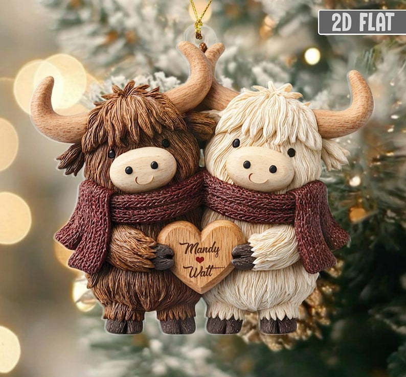 2D Personalized Highland Cow Couple Ornament, Custom Name Christmas Gift for Couple, Cute Farm Animal Ornament, Rustic Love Keepsake