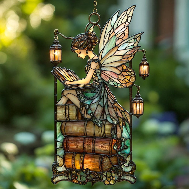Enchanting Fairy Reading Book Suncatcher, Acrylic Window Hanging Art, Unique Book Lover Gift, Garden Decor