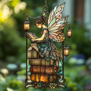 Enchanting Fairy Reading Book Suncatcher, Acrylic Window Hanging Art, Unique Book Lover Gift, Garden Decor