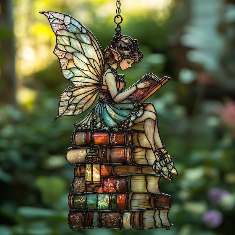 Enchanting Fairy Reading Book Suncatcher, Acrylic Window Hanging Art, Unique Book Lover Gift, Garden Decor