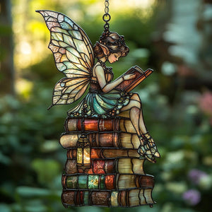 Enchanting Fairy Reading Book Suncatcher, Acrylic Window Hanging Art, Unique Book Lover Gift, Garden Decor
