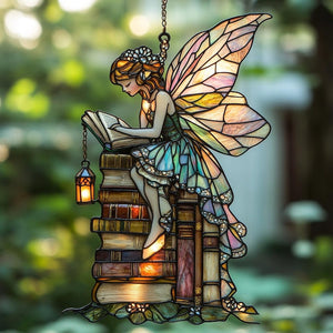 Enchanting Fairy Reading Book Suncatcher, Acrylic Window Hanging Art, Unique Book Lover Gift, Garden Decor