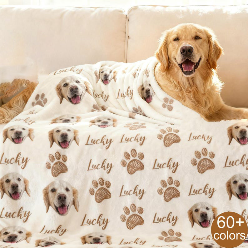 Custom Pet Face Blanket, Personalized Dog Cat Name, Soft Fleece Photo Blanket Throw