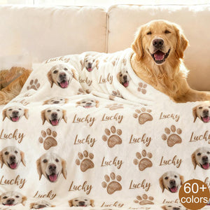 Custom Pet Face Blanket, Personalized Dog Cat Name, Soft Fleece Photo Blanket Throw