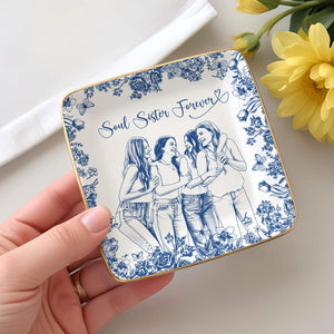 Personalized Bestie Photo Jewelry Dish,Toile De Jouy Trinket Tray Gift For Besties,Soul Sister Gift,Birthday Ring Dish Gift For Best Friends