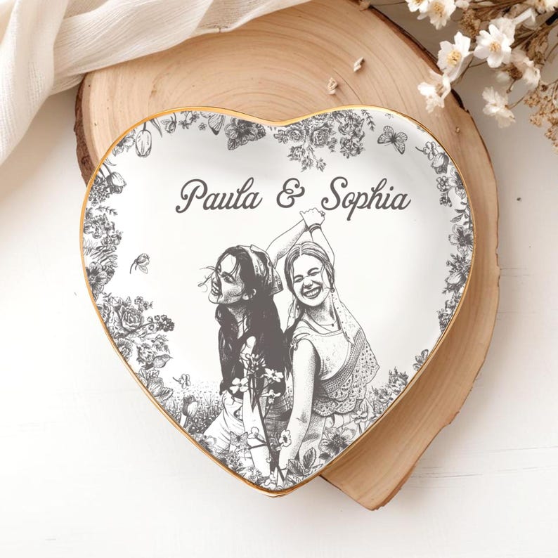 Personalized Bestie Photo Jewelry Dish,Toile De Jouy Trinket Tray Gift For Besties,Soul Sister Gift,Birthday Ring Dish Gift For Best Friends
