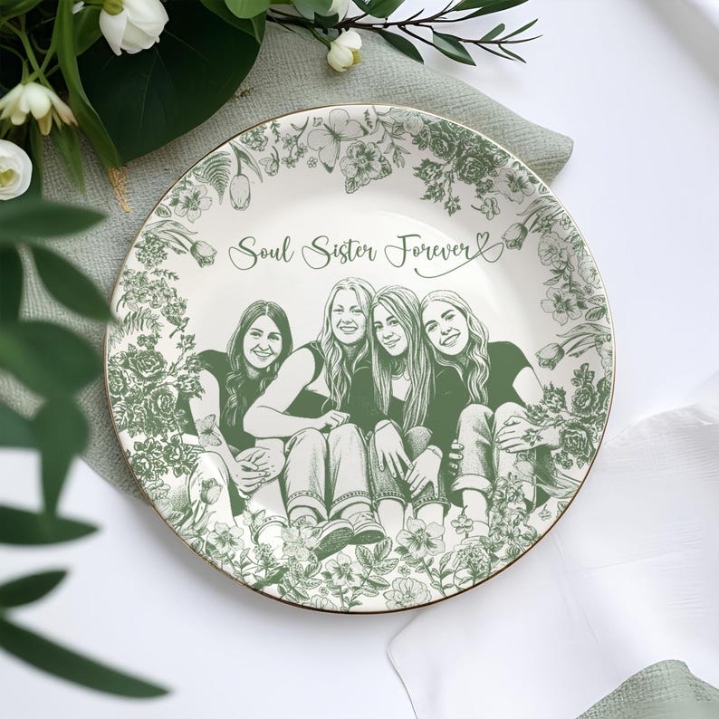 Personalized Bestie Photo Jewelry Dish,Toile De Jouy Trinket Tray Gift For Besties,Soul Sister Gift,Birthday Ring Dish Gift For Best Friends