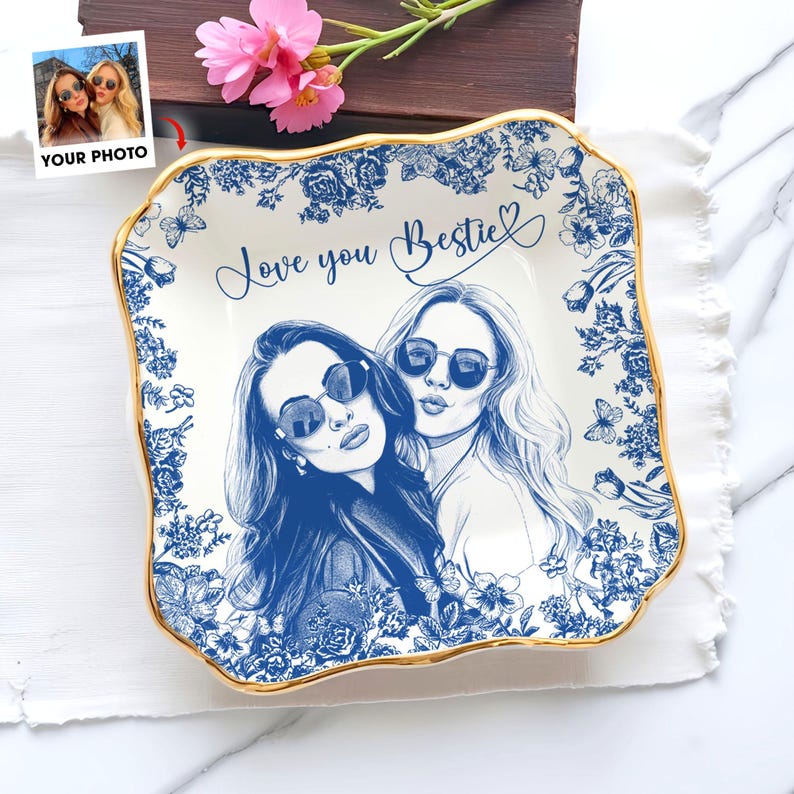 Personalized Bestie Photo Jewelry Dish,Toile De Jouy Trinket Tray Gift For Besties,Soul Sister Gift,Birthday Ring Dish Gift For Best Friends