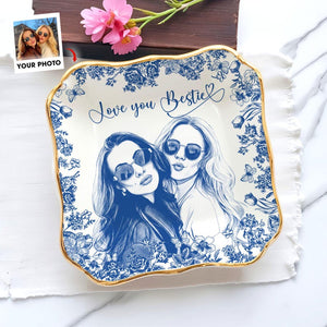 Personalized Bestie Photo Jewelry Dish,Toile De Jouy Trinket Tray Gift For Besties,Soul Sister Gift,Birthday Ring Dish Gift For Best Friends