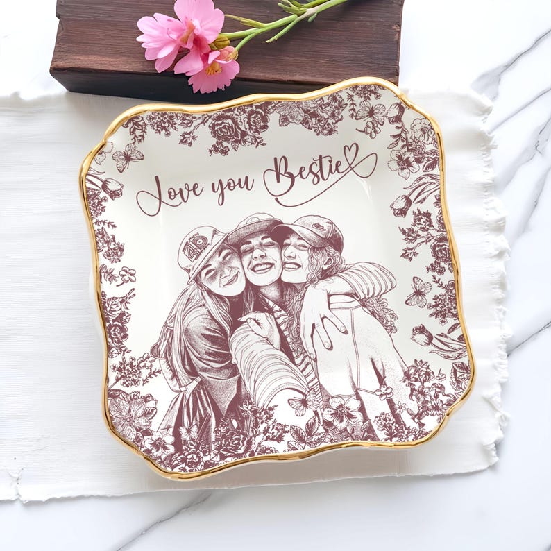 Personalized Bestie Photo Jewelry Dish,Toile De Jouy Trinket Tray Gift For Besties,Soul Sister Gift,Birthday Ring Dish Gift For Best Friends