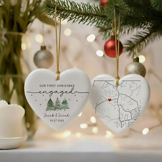 Custom Engagement Map Heart Ornament, First Christmas Engaged Gift