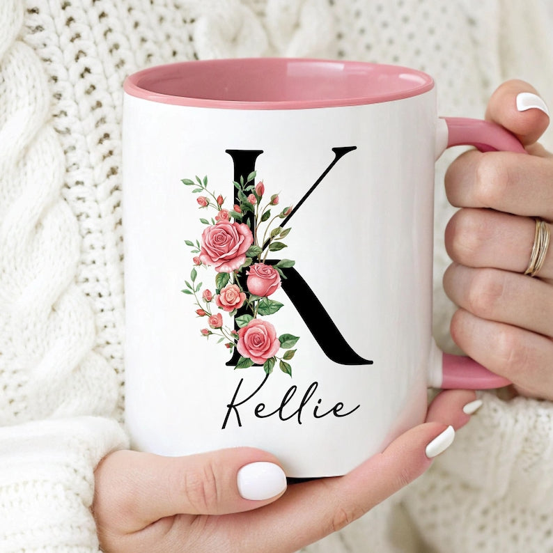 Custom Birth Flower Coffee Mug, Personalized June Birthflower Cup, Monogram Initial Name, Rose Birthday Mugs, Birth Month Gift, Mothers Day