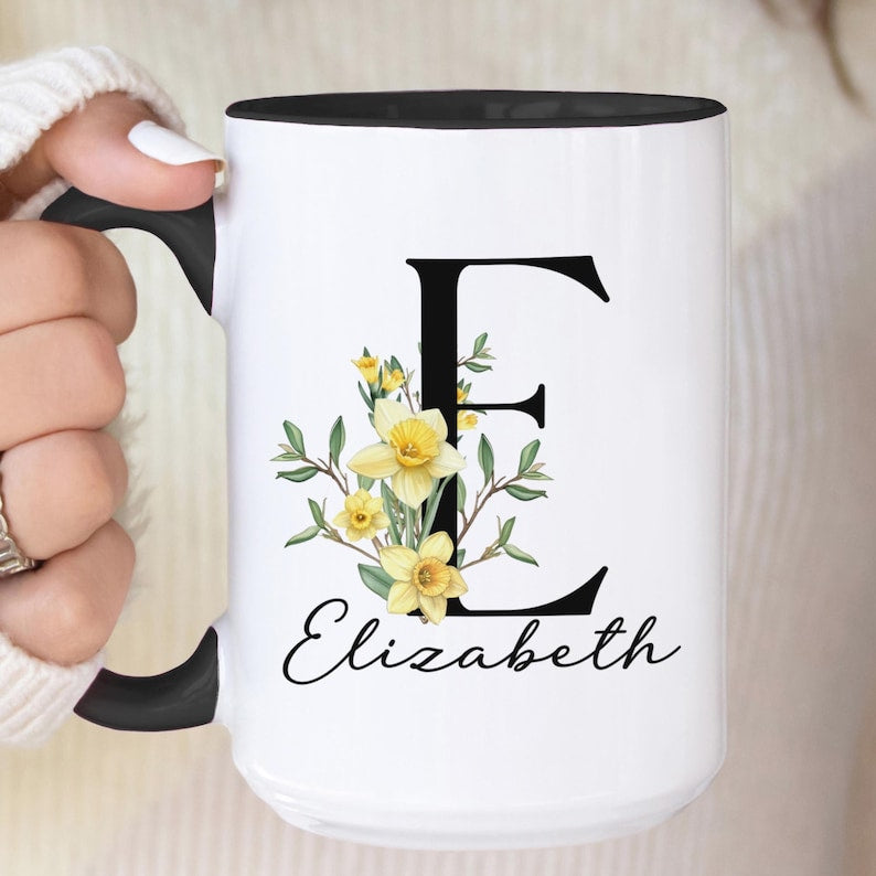 Custom Birth Flower Coffee Mug, Personalized June Birthflower Cup, Monogram Initial Name, Rose Birthday Mugs, Birth Month Gift, Mothers Day