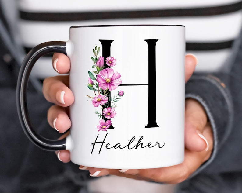 Custom Birth Flower Coffee Mug, Personalized June Birthflower Cup, Monogram Initial Name, Rose Birthday Mugs, Birth Month Gift, Mothers Day