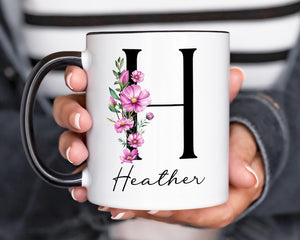 Custom Birth Flower Coffee Mug, Personalized June Birthflower Cup, Monogram Initial Name, Rose Birthday Mugs, Birth Month Gift, Mothers Day