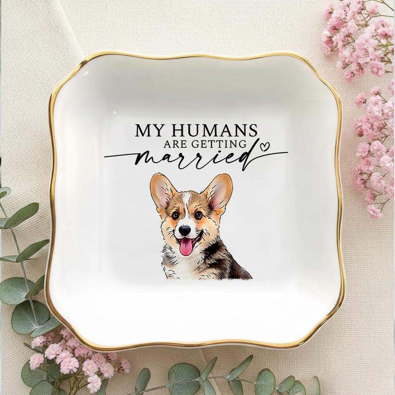 Custom Dog Cat Photo Ring Dish, Engagement Gift For Her, Personalized Pet Portrait Jewelry Trinket Dish, My Humans Are Getting Married