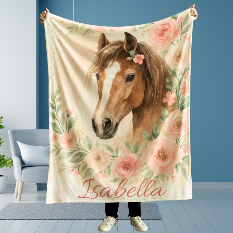 Personalized Horse Girl Blanket | Watercolor Equestrian Floral Throw | Custom Name Gift for Girls | Cowgirl Room Decor | Horse Lover Gift