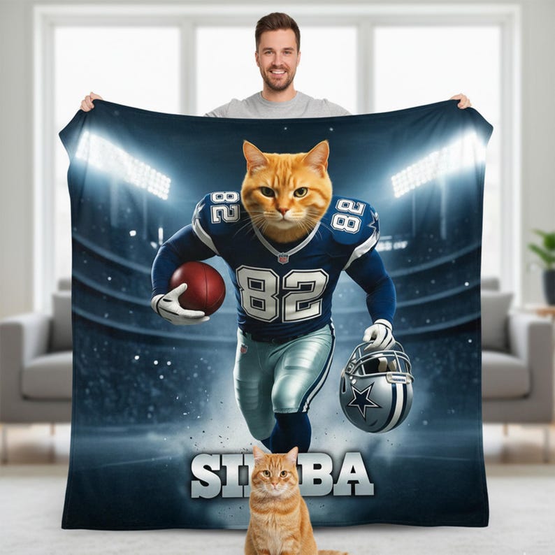Personalized Football Dog Cat Photo Blanket, Custom Team Face Name League Pet Parents Gift