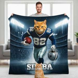 Personalized Football Dog Cat Photo Blanket, Custom Team Face Name League Pet Parents Gift