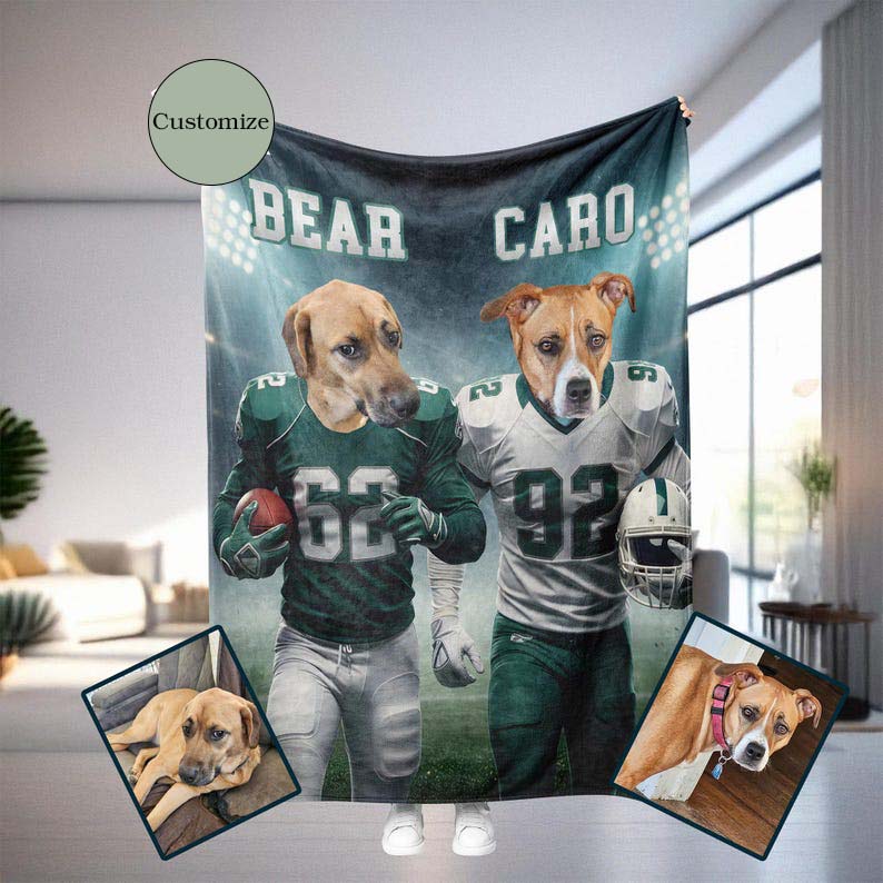 Personalized Football Dog Cat Photo Blanket, Custom Team Face Name League Pet Parents Gift