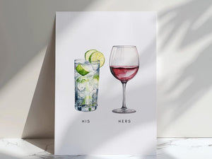 Personalised Couples Drink Poster Canvas | Print Wall Art Watercolour style Valentine's Gift For Couple