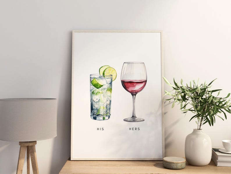 Personalised Couples Drink Poster Canvas | Print Wall Art Watercolour style Valentine's Gift For Couple