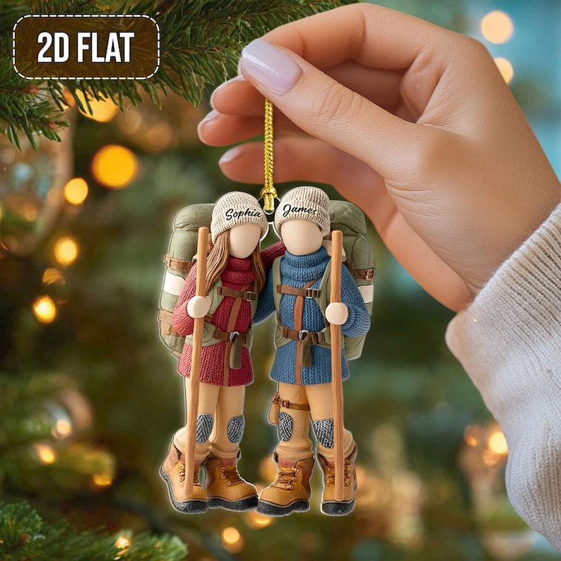 Faux Wood Personalized Hiking Acrylic Ornament, Custom Hiking Lovers Christmas Ornament, Camping Lover Gift, Christmas Gift For Hiking Club