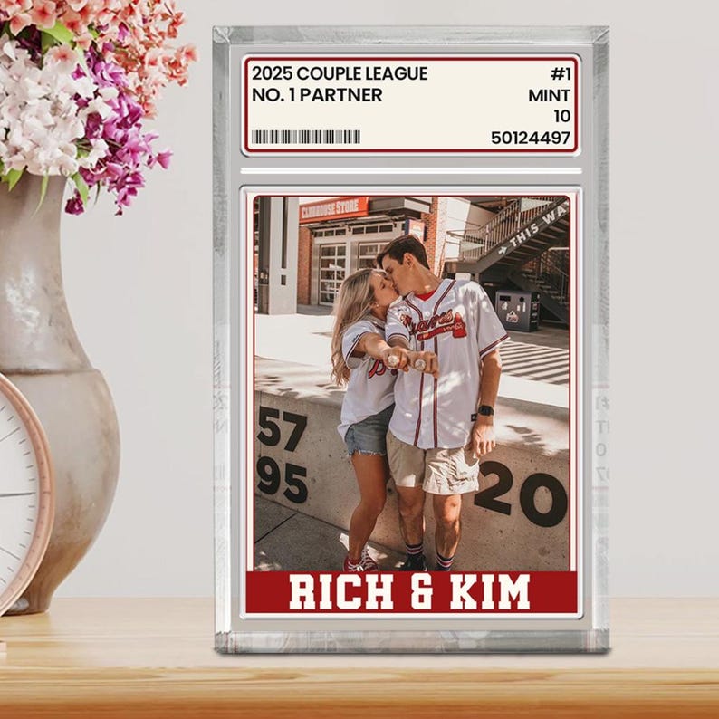 Trading Card Desk Name Plate For Couple, Custom Couple's name with Photo Acrylic Blocks, 1 Couple Sports, Gift for Baseball Lover
