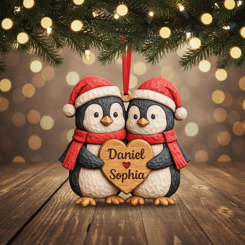 Personalized Penguin Couple Wood Ornament, Custom Name Christmas Gift for Couple, Couples First Christmas Gift, Rustic Love Keepsake 2025