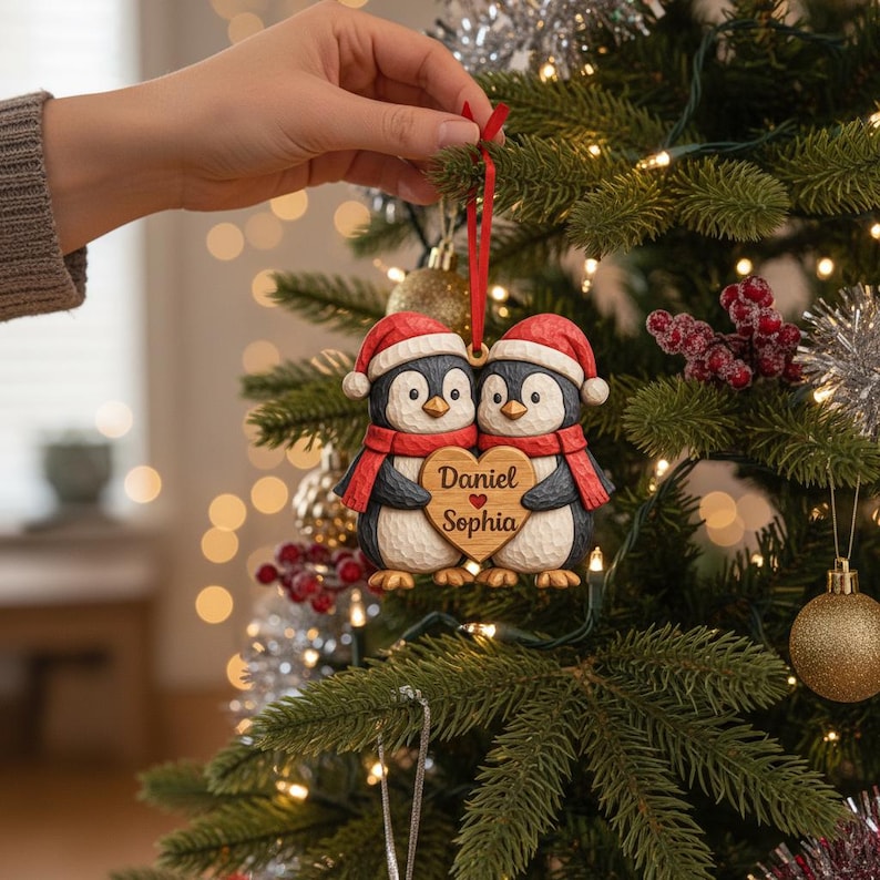 Personalized Penguin Couple Wood Ornament, Custom Name Christmas Gift for Couple, Couples First Christmas Gift, Rustic Love Keepsake 2025