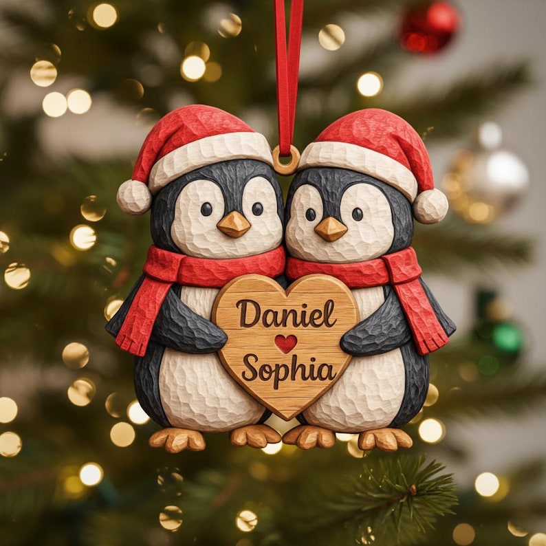 Personalized Penguin Couple Wood Ornament, Custom Name Christmas Gift for Couple, Couples First Christmas Gift, Rustic Love Keepsake 2025