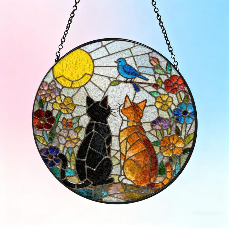 Charming Black Orange Cat Couple Garden Suncatcher Tabby Cat Stained Glass Window Hanging Glass Moon Ornament Mom Gift