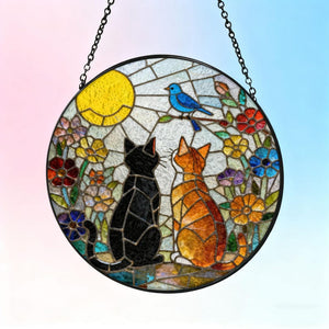 Charming Black Orange Cat Couple Garden Suncatcher Tabby Cat Stained Glass Window Hanging Glass Moon Ornament Mom Gift