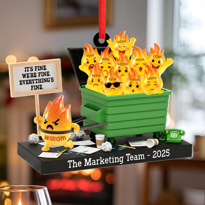 Personalized Dumpster Fire Ornament 2025, Custom Name Team Decor, Funny Office Christmas Bauble, Unique Holiday Gift Idea